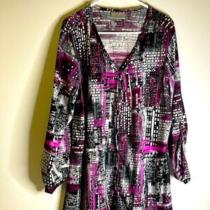 Avenue button down long sleeve top size 18 20 pink white black abstract design